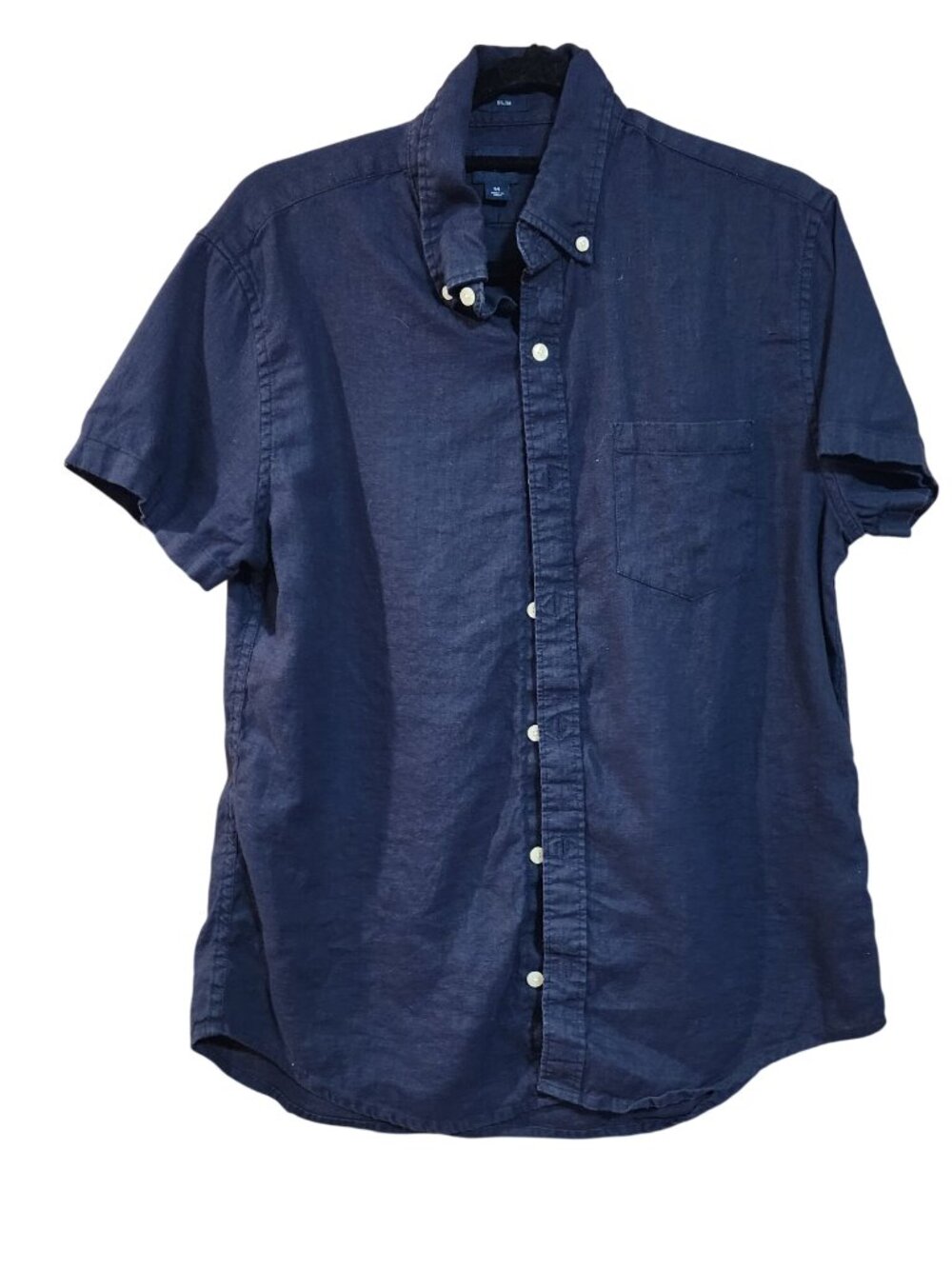 J Crew Slim Short Sleeved Button Front Navy 80% Linen Shirt Mens Size M